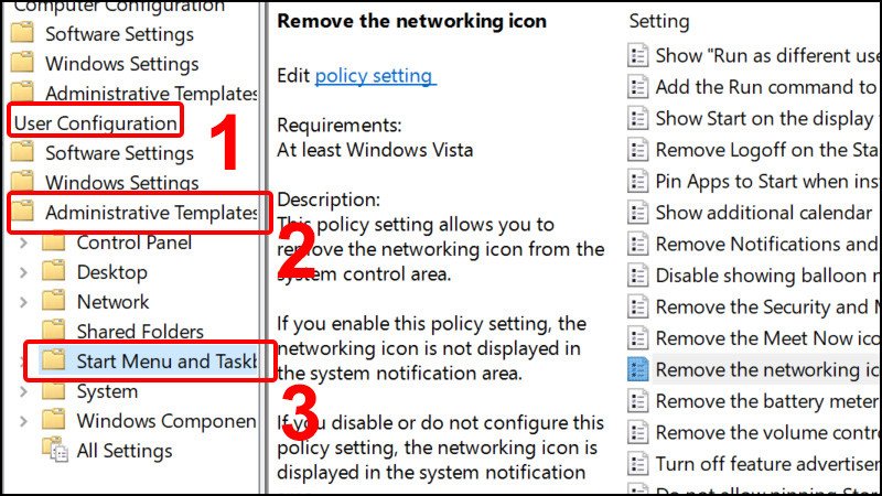 Điều hướng theo đường dẫn User Configuration > Administrative Templates > Start Menu and Taskbar