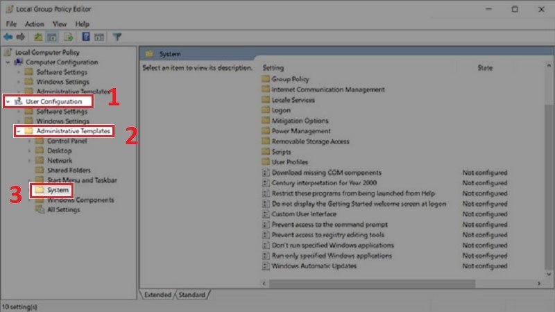 Điều hướng trong Group Policy Editor đến User Configuration > Administrative Templates > System.