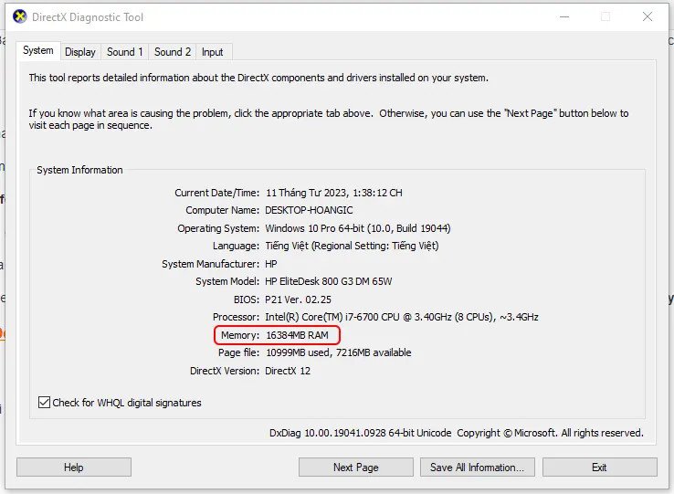 DirectX Diagnostic Tool cung cấp thông tin về RAM trên Windows 10