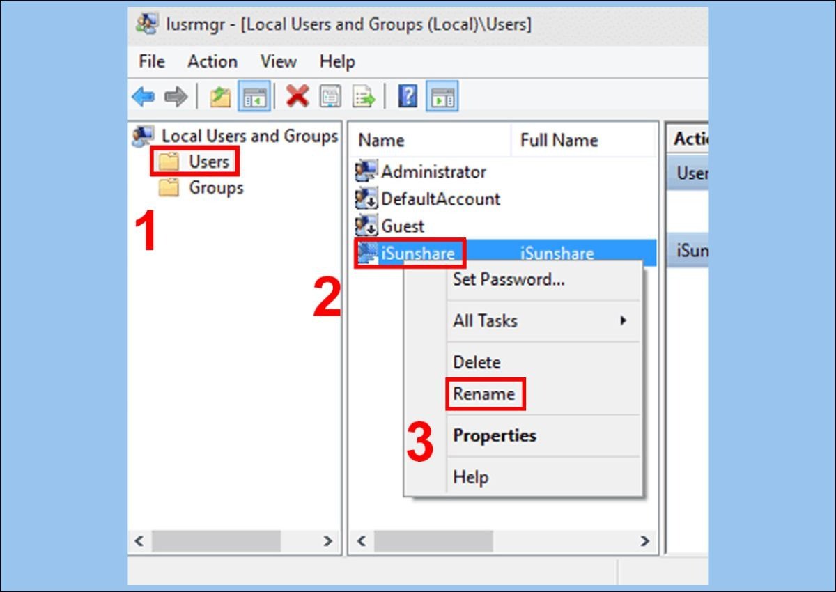 Đổi tên người dùng trong Local Users and Groups trên laptop Win 11