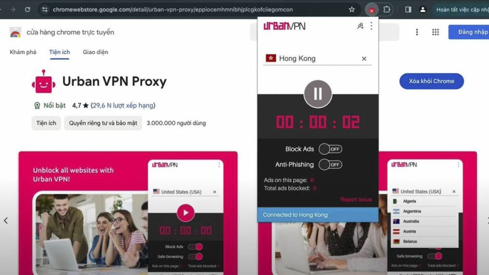 Đồng hồ đếm thời gian trong Urban VPN Proxy xác nhận kết nối thành công