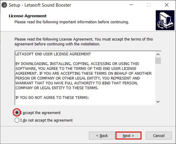 Đồng ý điều khoản sử dụng Sound Booster để tiếp tục quá trình tăng âm lượng laptop
