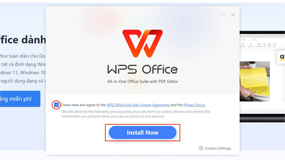 Đồng ý điều khoản và cài đặt WPS Office trên laptop