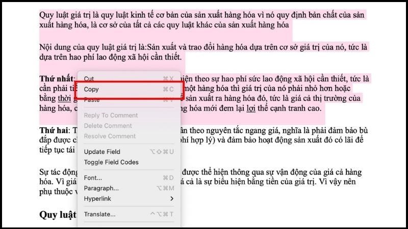 Dùng chuột để bôi đen và chọn Copy khi sao chép văn bản trên laptop trong Word