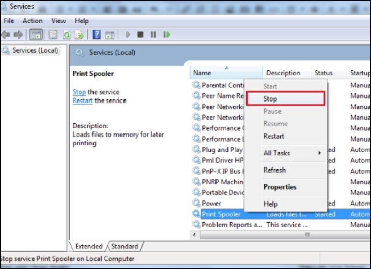 Dừng dịch vụ Print Spooler từ cửa sổ Services để hủy lệnh in