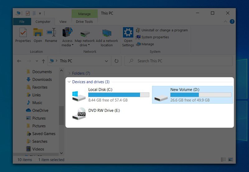 Dung lượng ổ đĩa hiển thị trong My Computer