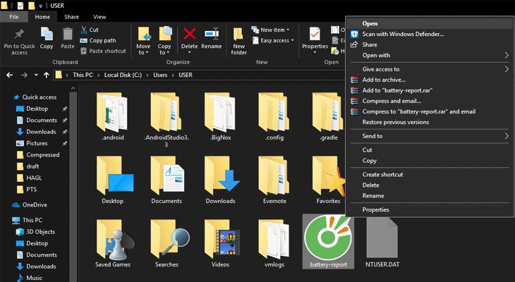 Đường dẫn lưu trữ file báo cáo pin (battery-report) sau khi kiểm tra