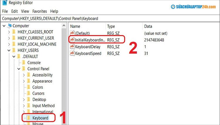 Đường dẫn Registry Editor để điều chỉnh cài đặt Numlock trên laptop không có phím Numlock