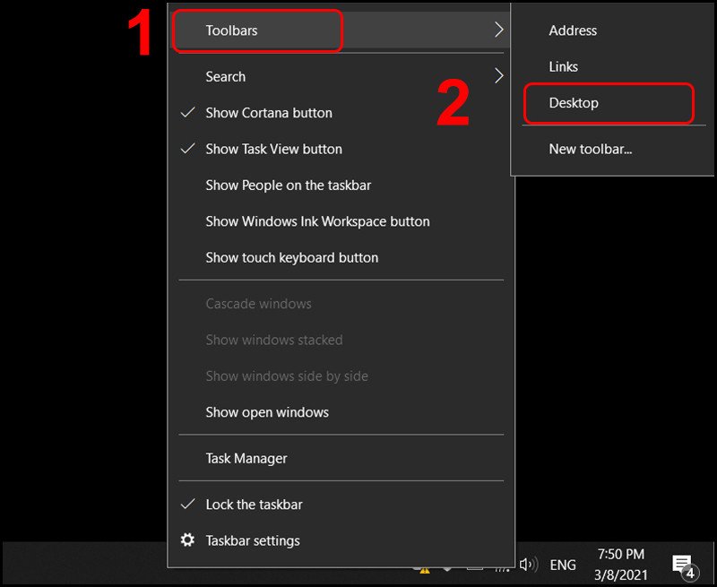 Ghim thanh công cụ Desktop vào thanh tác vụ laptop