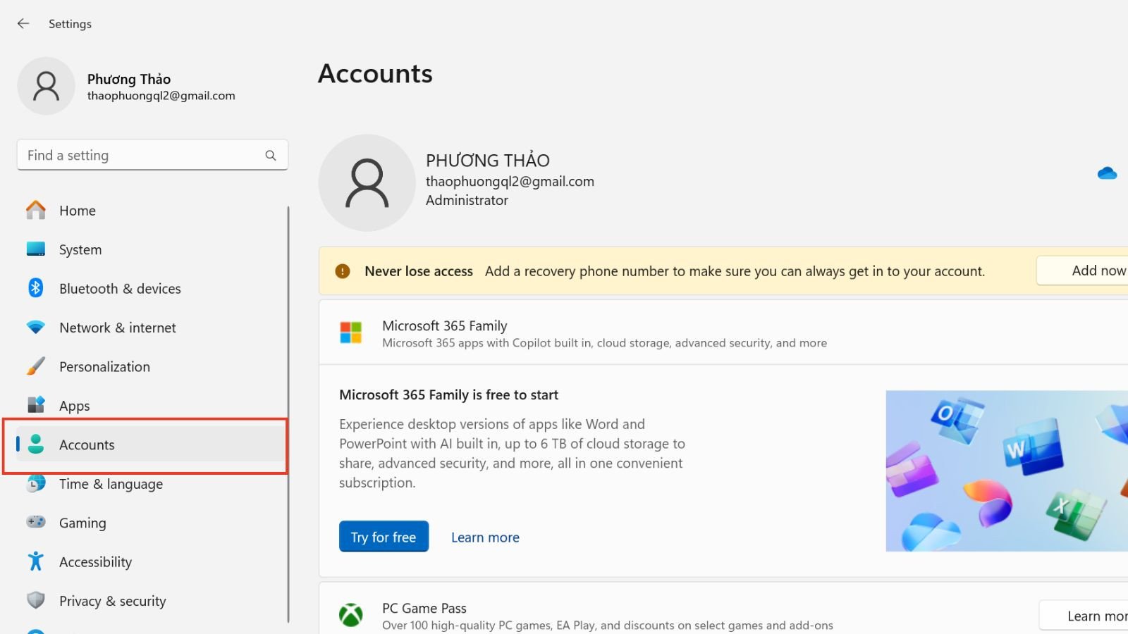 Giao diện Accounts trên Windows 11 khi thực hiện cài đặt mật khẩu laptop.
