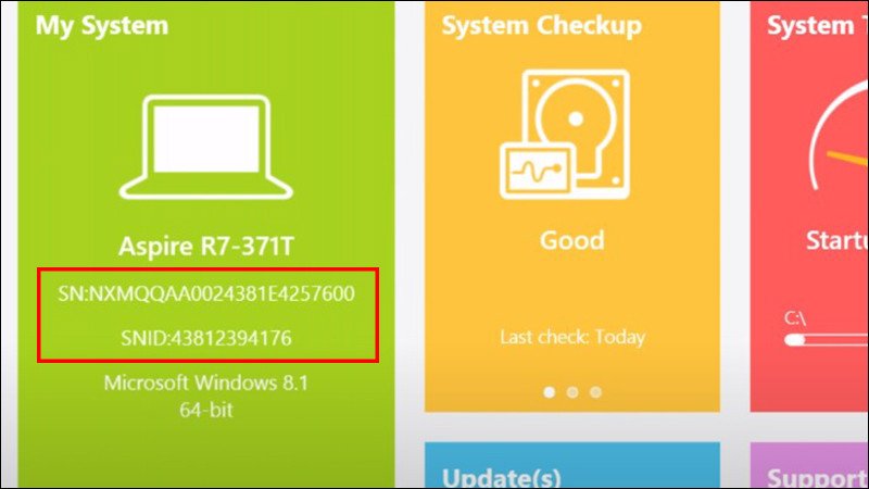 Giao diện Acer Care Center hiển thị Serial Number và SNID của laptop Acer để tra cứu bảo hành
