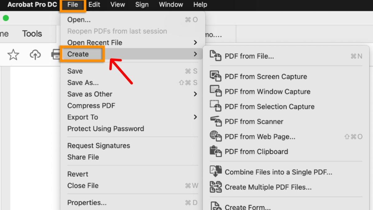 Giao diện Adobe Acrobat để tạo file PDF nhanh chóng