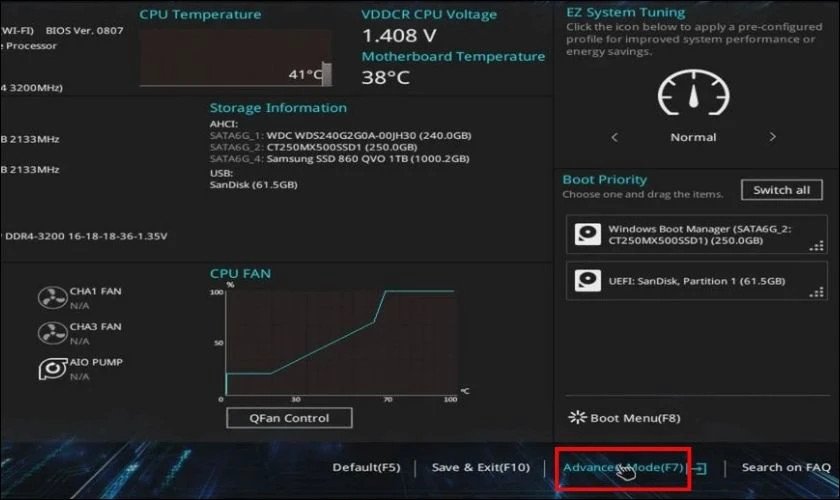 Giao diện Advanced Mode trong BIOS khi cập nhật phần mềm