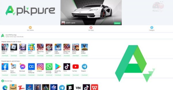 Giao diện APKPure, một nền tảng ứng dụng tải game trên laptop miễn phí với hàng ngàn trò chơi di động.