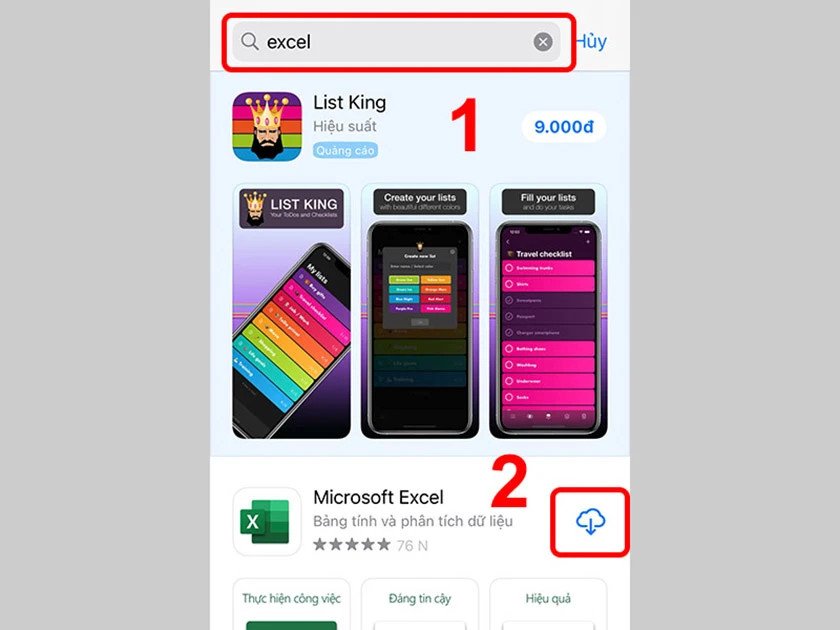 Giao diện App Store với thanh tìm kiếm "Excel" để tải về iPhone