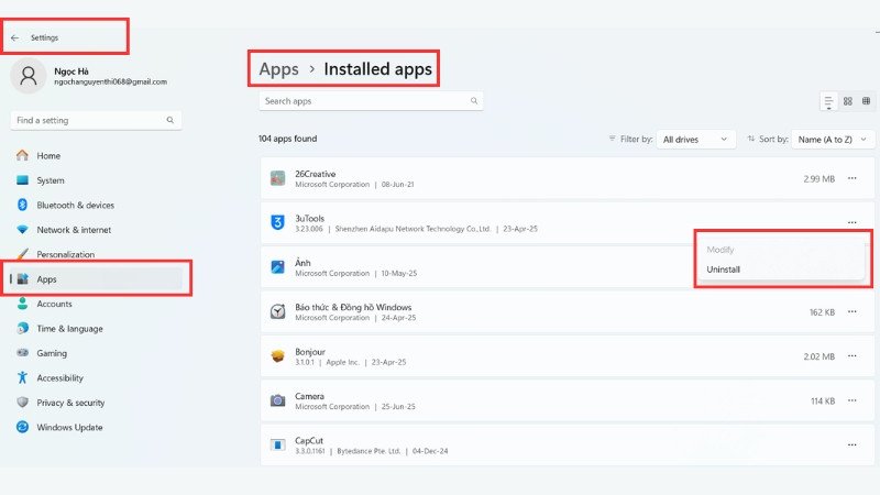 Giao diện Apps &amp; features để gỡ bỏ ứng dụng không cần thiết trên máy tính cá nhân