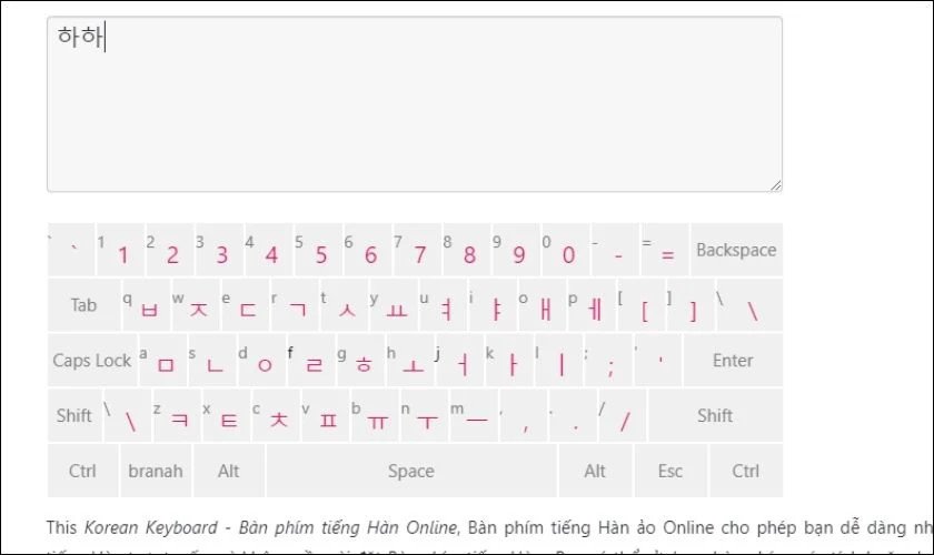 Giao diện bàn phím ảo tiếng Hàn trực tuyến, hữu ích cho việc luyện tập gõ và làm quen bố cục.