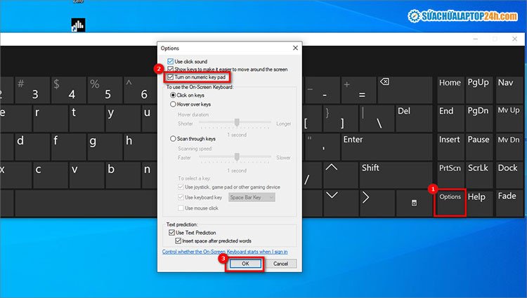 Giao diện bàn phím ảo trên laptop Asus, minh họa cách bật phím Numlock thông qua cài đặt tùy chọn