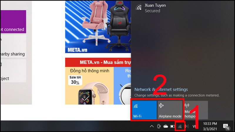 Giao diện bật/tắt Wi-Fi và chế độ máy bay trên laptop Windows