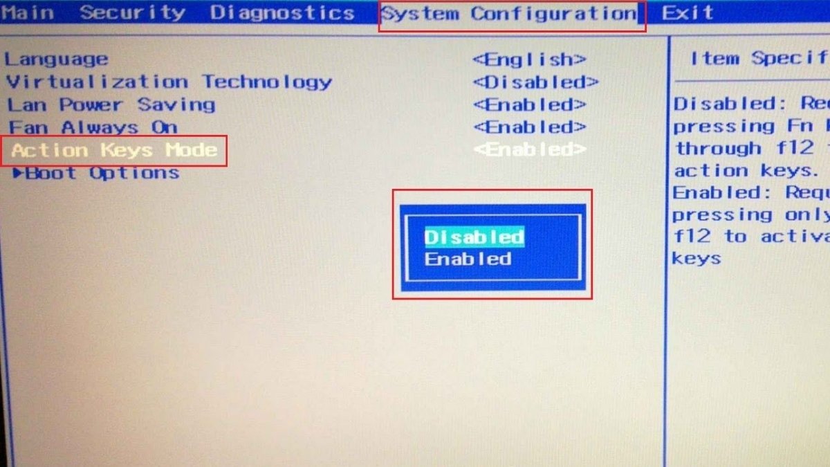 Giao diện BIOS của laptop HP, mục System Configuration với tùy chọn Action Keys Mode để bật tắt phím Fn.