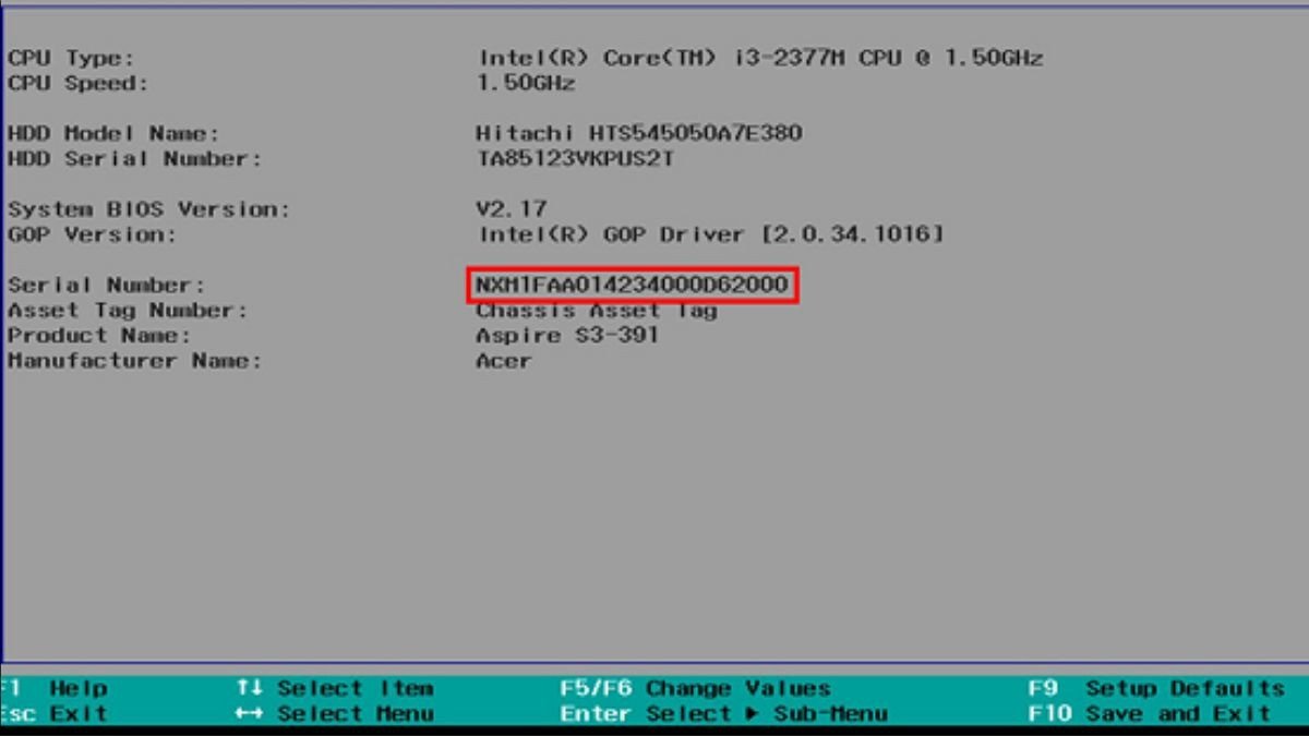 Giao diện BIOS hiển thị thông tin chi tiết bao gồm Manufacturing Date, giúp kiểm tra năm sản xuất laptop trực tiếp từ hệ thống
