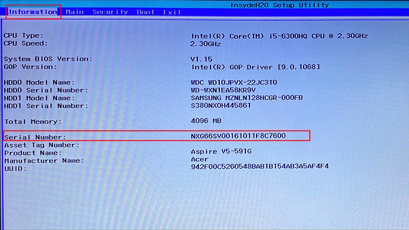 Giao diện BIOS hiển thị thông tin Serial Number của thiết bị, cần thiết khi check bảo hành laptop Acer