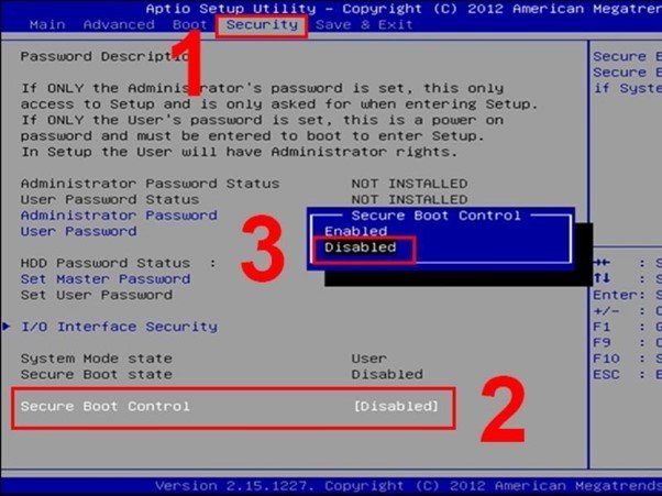 Giao diện BIOS với tab Security được chọn để sửa lỗi BIOS laptop Dell