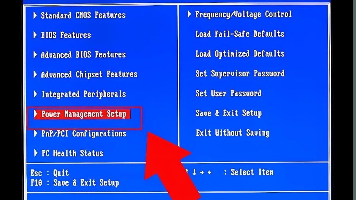 Giao diện BIOS với tùy chọn Power Management để khởi động laptop HP
