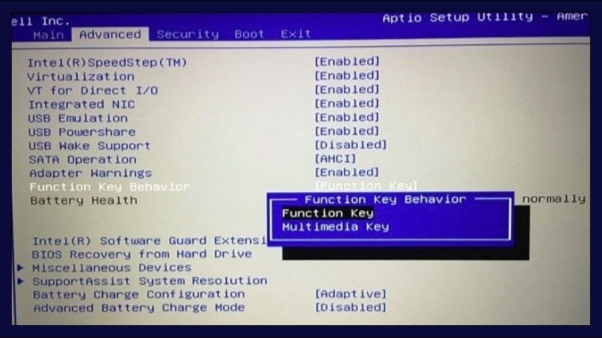 Giao diện cài đặt BIOS để tắt phím Fn trên laptop HP