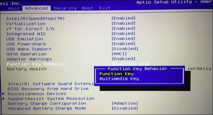 Giao diện cài đặt BIOS trên màn hình laptop, hiển thị tùy chọn Function Key Behavior để điều chỉnh chế độ Fn.