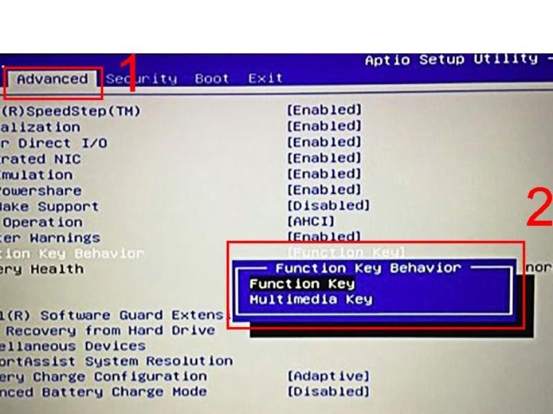 Giao diện cài đặt BIOS/UEFI của laptop Dell, hiển thị tùy chọn điều chỉnh chế độ hoạt động của phím Fn.