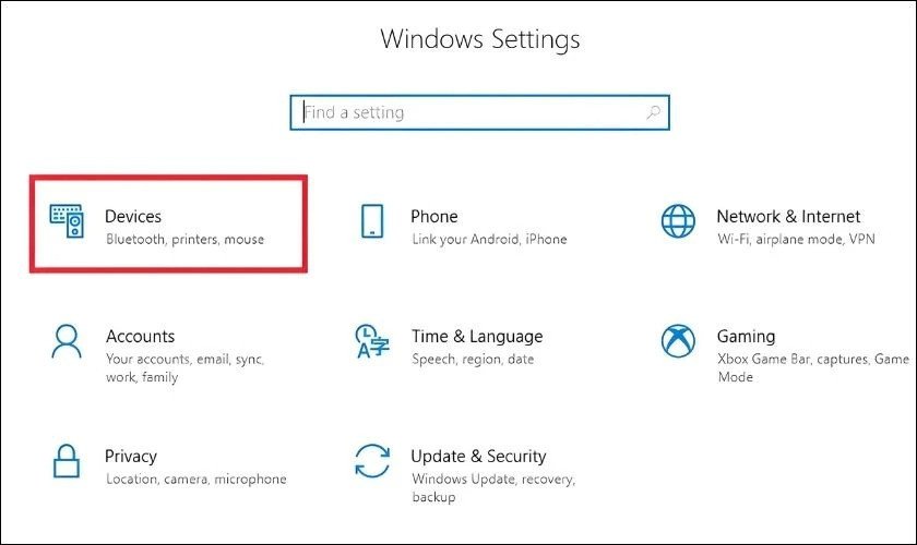 Giao diện cài đặt Bluetooth &amp; thiết bị để bật touchpad Dell