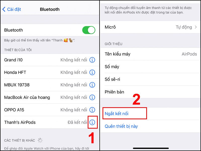 Giao diện cài đặt Bluetooth trên iPhone để ngắt kết nối AirPods khắc phục sự cố một bên không nghe