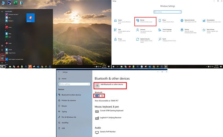 Giao diện cài đặt Bluetooth trên laptop Windows, hiển thị mục "Bluetooth &amp; other devices" để ghép nối AirPod