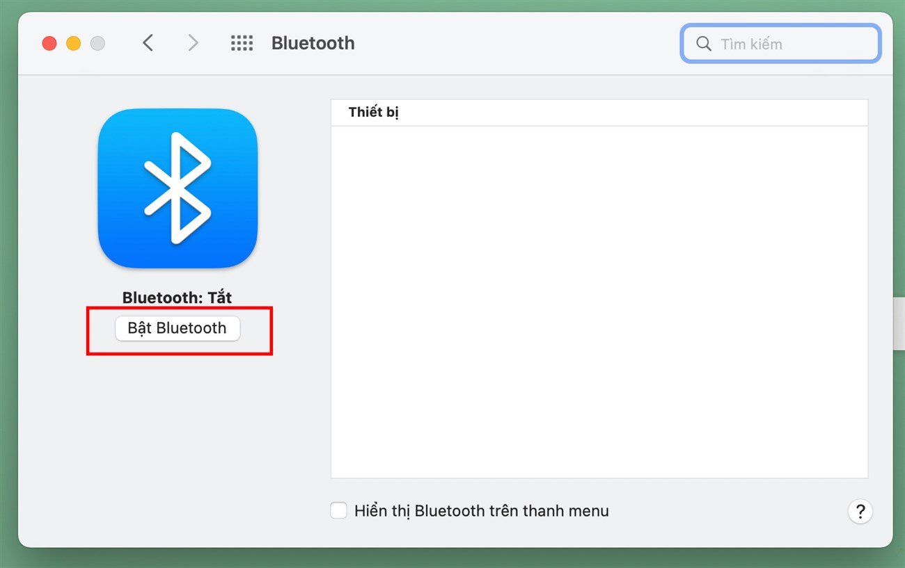 Giao diện cài đặt Bluetooth trên macOS hiển thị trạng thái kết nối và các thiết bị khả dụng