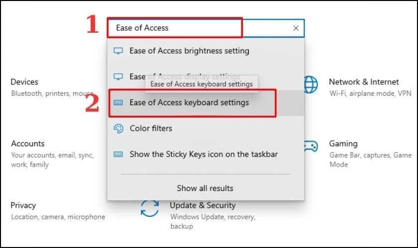 Giao diện cài đặt Ease of Access trên Windows để bật chức năng sử dụng bàn phím thay chuột laptop