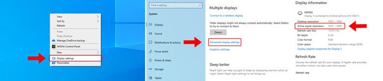 Giao diện cài đặt hiển thị (Display settings) trên Windows để kiểm tra độ phân giải màn hình laptop