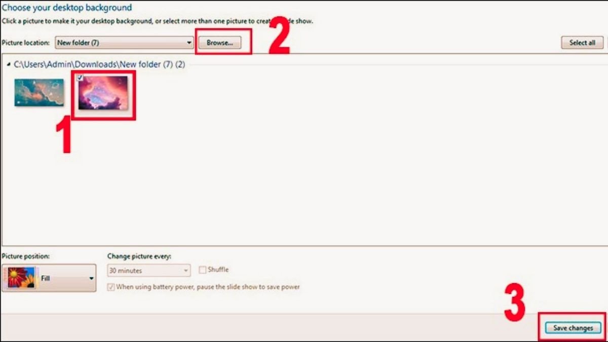 Giao diện cài đặt hình nền trên Windows với các tùy chọn lựa chọn và duyệt ảnh