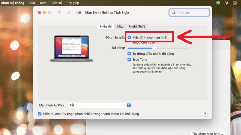 Giao diện cài đặt màn hình Macbook hiển thị chế độ Default for display cho độ phân giải.
