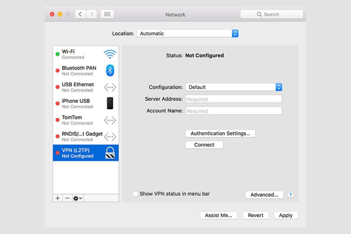 Giao diện cài đặt mạng trên MacOS, nơi người dùng có thể thêm và cấu hình kết nối VPN, thể hiện cách chuyển VPN trên laptop Macbook một cách thuận tiện.