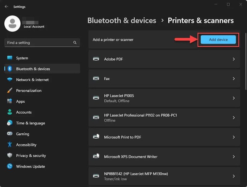 Giao diện cài đặt máy in tự động trên Windows 11