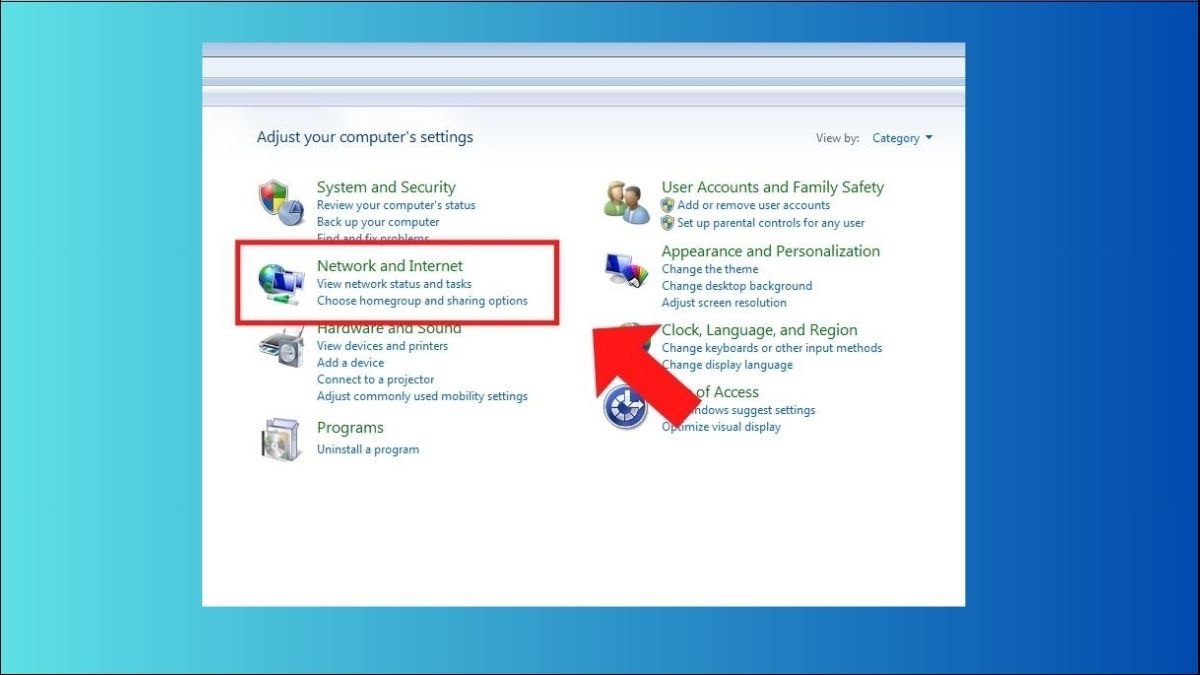 Giao diện cài đặt Network and Internet để cấu hình chia sẻ dữ liệu