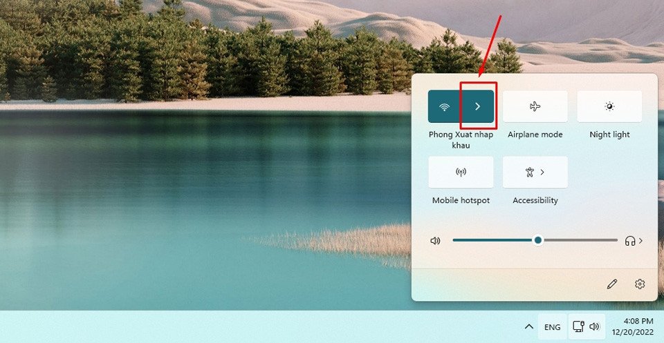 Giao diện cài đặt nhanh Wi-Fi trên Windows 11, giúp người dùng dễ dàng truy cập cài đặt mạng để giải quyết sự cố mất kết nối.