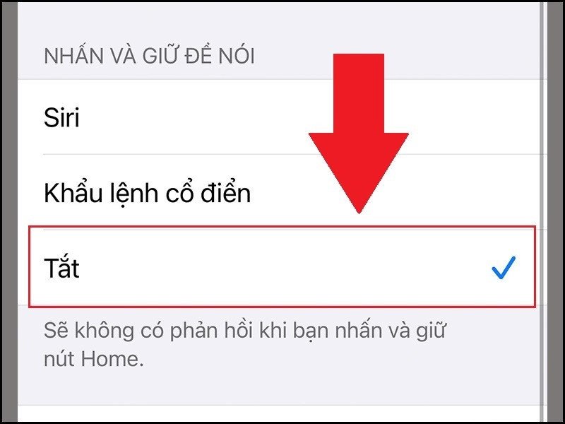 Giao diện cài đặt nút Home trên iPhone, với tùy chọn "Tắt" cho tính năng nhấn giữ để nói.