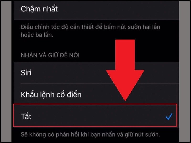Giao diện cài đặt nút sườn trên iPhone, với tùy chọn "Tắt" cho tính năng giữ để nói.