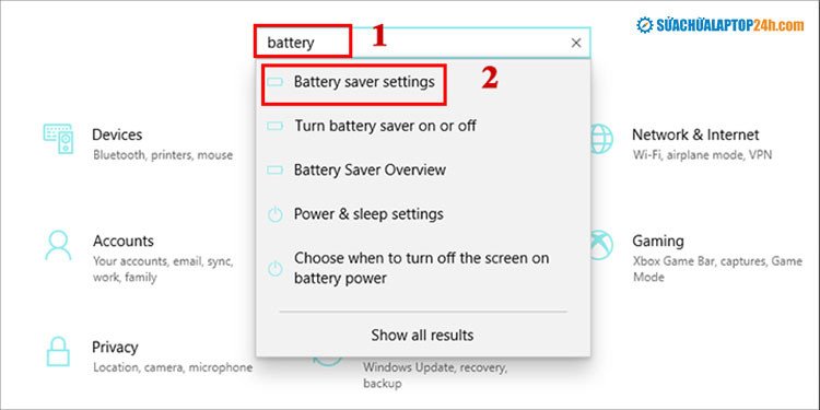 Giao diện cài đặt pin trên Windows, chọn mục Battery saver settings để tối ưu năng lượng