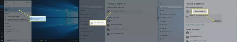 Giao diện cài đặt Printers &amp; scanners trên Windows để liên kết máy in với laptop qua cổng dây