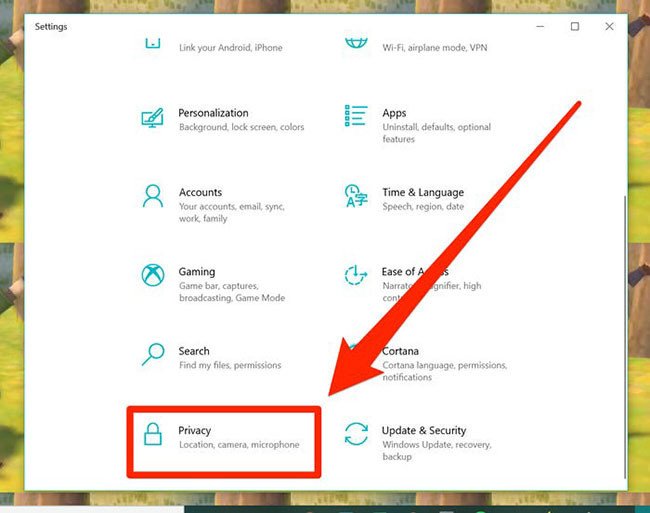 Giao diện cài đặt Privacy trên Windows 10, bước quan trọng để cấp quyền sử dụng camera