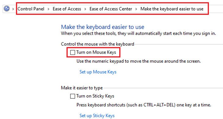 Giao diện cài đặt tắt Mouse Keys khi bàn phím số phụ laptop bị lỗi không gõ được