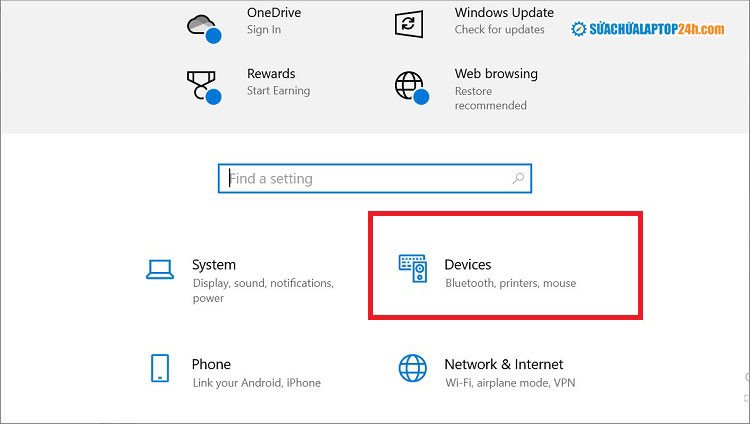 Giao diện cài đặt Windows, chọn mục Devices để kiểm tra và khắc phục lỗi bàn phím chuột laptop bị liệt.